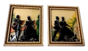 Pair Reverse Painted Silhouette Pictures Convex Glass Dome Couple with Dog VTG - Picture 1 of 8