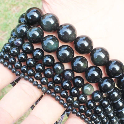 Natural 6/8/10/12/14/16mm Rainbow Eye Black Obsidian Gemstone Round Beads 15'' - Image 1 of 4