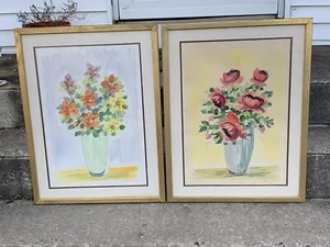 Pair Framed Watercolor Floral Painting by Jewish Artist Avigdor Bar Meir Israel - Picture 1 of 6