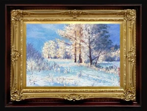 Oil Painting Handmade Arseni ~ SNOWY WINTER 6" X 4" NO FRAME USA - Picture 1 of 11