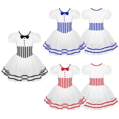 Girls Short Sleeve Striped Figure Ice Skating Dress Ballet Leotard Dance Skirt - Image 1 of 4