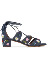 Tabitha Simmons Isadora Lace up denim floral bohemian embroidered open toe Sz 39 - Picture 1 of 11