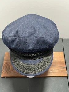 VTG Captin Hat/Biker Made in USA XL 7 1/2-7 5/8 Navy Blue w Black Trim - Picture 1 of 6