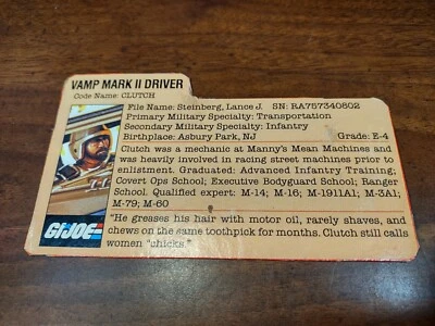Tarjeta de archivo Gi Joe Tan Clutch V2 1984 Vamp Mk II ARAH de colección Hasbro muy buen corte Foto 1 de 4