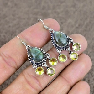 Labradorite, Citrine Gemstone Dangle 925 Sterling Silver Jewelry Earring - Picture 1 of 4