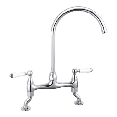 Traditional Georgian 2 Hole Bridge Kitchen Sink Mixer Tap White Levers Chrome - Image 1 of 2