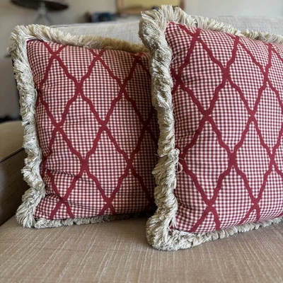 Red / Tan Fringe Cotton Throw Pillows Gingham Farmhouse Christmas 20" Vintage - Image 1 of 4