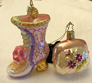 2 Christopher Radko Weihnachtsschmuck! Rosa Damen Schuh Stiefel & Blumen Handtasche - Bild 1 von 14
