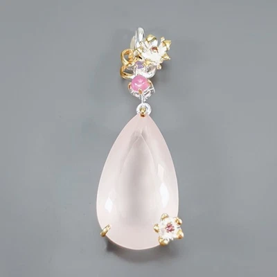 Handmade 42 ct+ Natural Rose Quartz Pendant 925 Sterling Silver  /NP51992 - Image 1 of 4