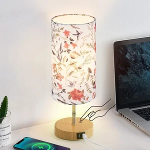 Lámpara táctil de cabecera, lámpara de mesa pequeña de madera con 2 puertos de carga USB y flor... - Imagen 1 de 9