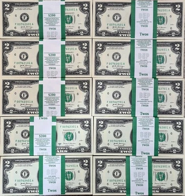 Billetes de dos dólares de 100 - $2 UNC (secuenciales, consecutivos) 2017A - $200 TOTAL Foto 1 de 4