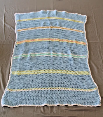 Vintage Handmade Baby Blanket Blue White Stripes Knit Crochet Unisex 42" x 26" - Image 1 of 4