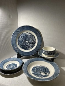 Ajuste de lugar vintage Currier & Ives azul/blanco 6 piezas LEER - Imagen 1 de 8