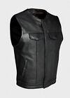 Men Plain Black Leather Motorcycle Vest Biker Club Vest Collarless W/ Gun Pocket