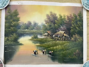Original Vintage Hand Painted Fishing Scene Thailand Oil On Canvas Brush Palette - Picture 1 of 5