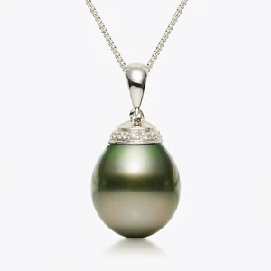 Big AAA 12.2×14MM Tahitian Saltwater Pearl Pendant 18K White Gold&Diamonds - Picture 1 of 6