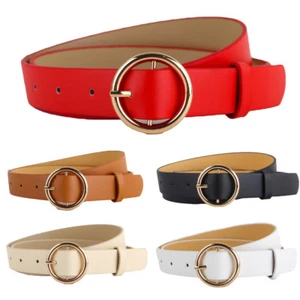 Ladies Girls Waist Belt Gold Round Buckle Faux Leather Jeans Women Waistband - Picture 1 of 5