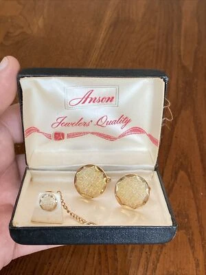 De Colección ANSON Joyeros Calidad Cepillado Dorado Tono Tie Tac Pin Gemelos Juego de Caja Nuevo Foto 1 de 4