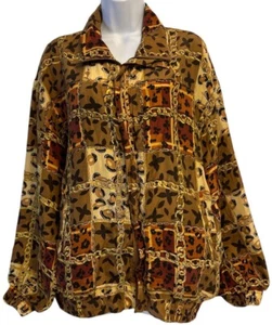 VTG Jacket Womens Sz L Full Zip Gold Chain Leopard Print 100% Silk - Picture 1 of 3