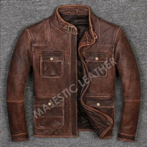Men’s Motorcycle Biker Vintage Cafe Racer Distressed Brown Real Leather Jacket - Picture 1 of 3