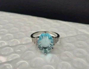 Large Blue Topaz Dress Ring. Cubic Zirconia Shoulders. High Setting. NEW. Size S - Picture 1 of 11