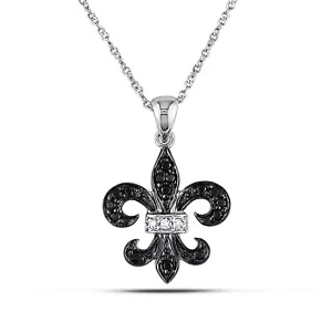 Amour 10k Gold 1/8CT Black and White Diamond Fleur De Lis Pendant with Chain - Picture 1 of 4