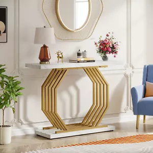 Faux Marble Entryway Console Table Narrow Sofa Table with Geometric Metal Base - Picture 1 of 12