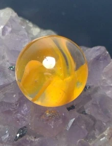 Bright NM YELLOW Ribbon Clear BASE 💎 Glass Collectible Vintage Marbles .62" - Picture 1 of 10