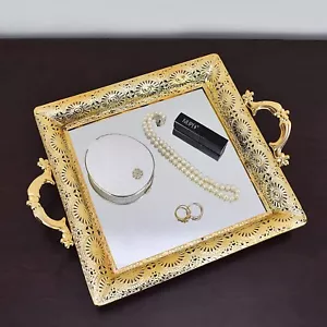Decorative Mirror Tray with Handles - Metal Jewelry Perfume Organizer French Sty - Picture 1 of 7