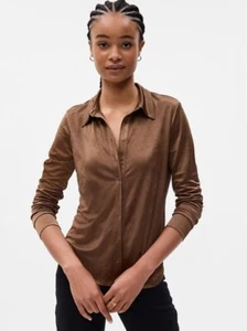 New Gap Women Button Front Shirt Sz M Satin Brown Long Sleeve Point Collar - Picture 1 of 2