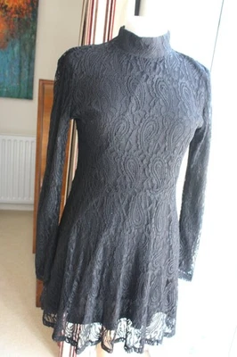 Misguided Black Lace funnel neck fit & flare Dress  size 12 long sleeve - Image 1 of 4