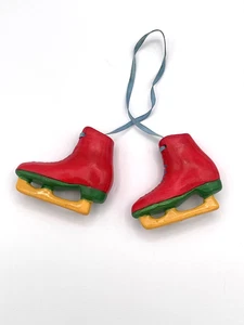 VTG Ceramic Ice Skate Ornament Pair Red Green Yellow Retro Christmas Decoration - Picture 1 of 5