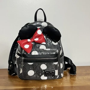 Disney Parks Loungefly Minnie Mouse mini zaino paillettes pois nero bianco - Foto 1 di 9