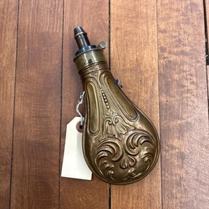 Antique Civil War Brass Powder Flask Engraved 1860s Powder Flask Original - Picture 1 of 11