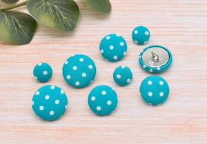 Set of 5 Turquoise Polka Dot Cotton Fabric Covered Shank Buttons -12mm,18mm,22mm - Picture 1 of 9