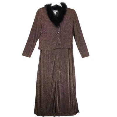 Conjunto de 2 piezas de top y vestido vintage Jessica Howard talla 14P dorado brillo negro con ribete de plumas Foto 1 de 4