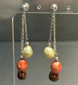 Brown Pink Beige Pearl Sterling Silver 3 Strand Drop Earrings Signed 925 TGGC - Picture 1 of 5
