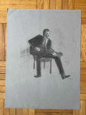 Large Vintage 1980s Portrait Drawing Man Play Guitar Music Rock and Roll 18 x 24 - Image 1 of 4