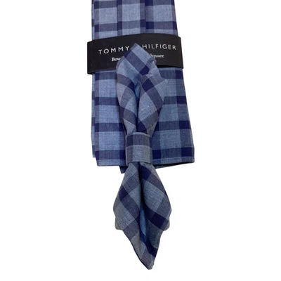 TOMMY HILFIGER Men's Cotton BOW TIE & POCKET SQUARE Set Designer PLAID Blue NWT - Image 1 of 2