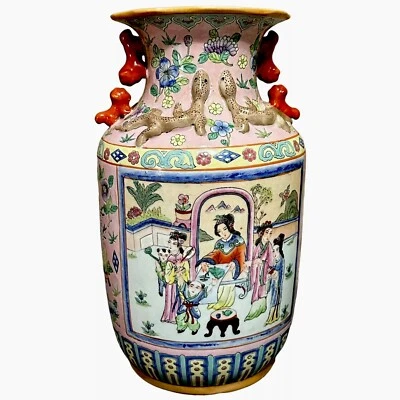 "Florero de porcelana chino vintage pintado a mano tarro asiático en relieve 14,25"" salamandra" Foto 1 de 4