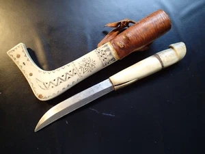 HANDGEMACHTES SAMI MESSER mit HORNGRIFF & VERZIERTER GESCHNITZTER SCHEIDE SCHWEDENSCHWEDISCH - Bild 1 von 11