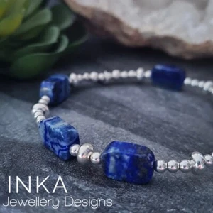 Bracciale impilatore perle blu grosse argento 925 LAPIS Lazuli e argento sterling di INKA - Foto 1 di 7
