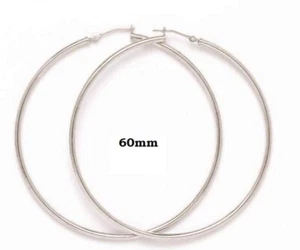 Real 14K Classic Solid White Gold 60mm Round Hoop Earrings - Picture 1 of 1
