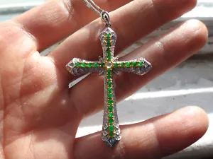 925 Sterling Silver Cross Natural Genuine A Jadeite Jade Icy Sun Green Pendant - Picture 1 of 9