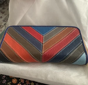Leder mehrfarbig Chevron gestreifte Geldbörse Clutch Reißverschluss Akkordeon Öffnung - Bild 1 von 8