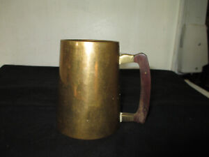 Brass/Copper Mug, Wood Handle, Unbranded, 4 1/4"