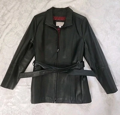 Croft & Barrow Leather Jacket Full-Zip Belted Black Women's Size Medium  - Image 1 of 4