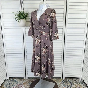 New Stevie Hender Mauve Floral Faux Wrap Dress Soft 3/4 Sleeve Boho Size L - Picture 1 of 9