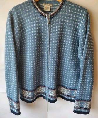 Cárdigan suéter Angora Faire Isle para mujer L ojo de pájaro tejido azul copo de nieve nórdico  Foto 1 de 4