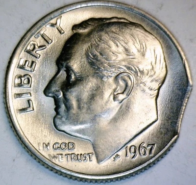 1967 ERROR CLIPPED Roosevelt Dime SUPER NICE CH BU Coin BLAKESLEY Clip FREE SHIP - Image 1 of 4